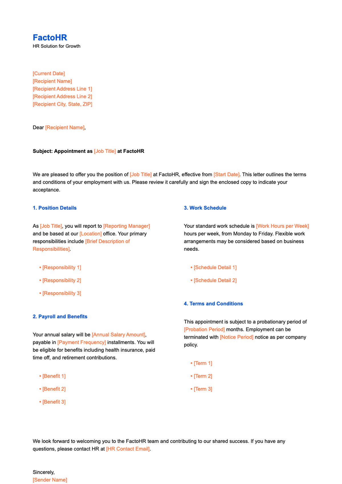 Professional job appointment letter template with placeholder fields_variant_3